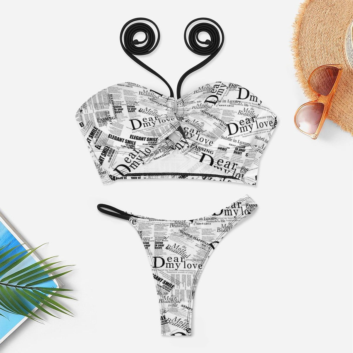 Newsprint Crisscross Cutout Bikini Set